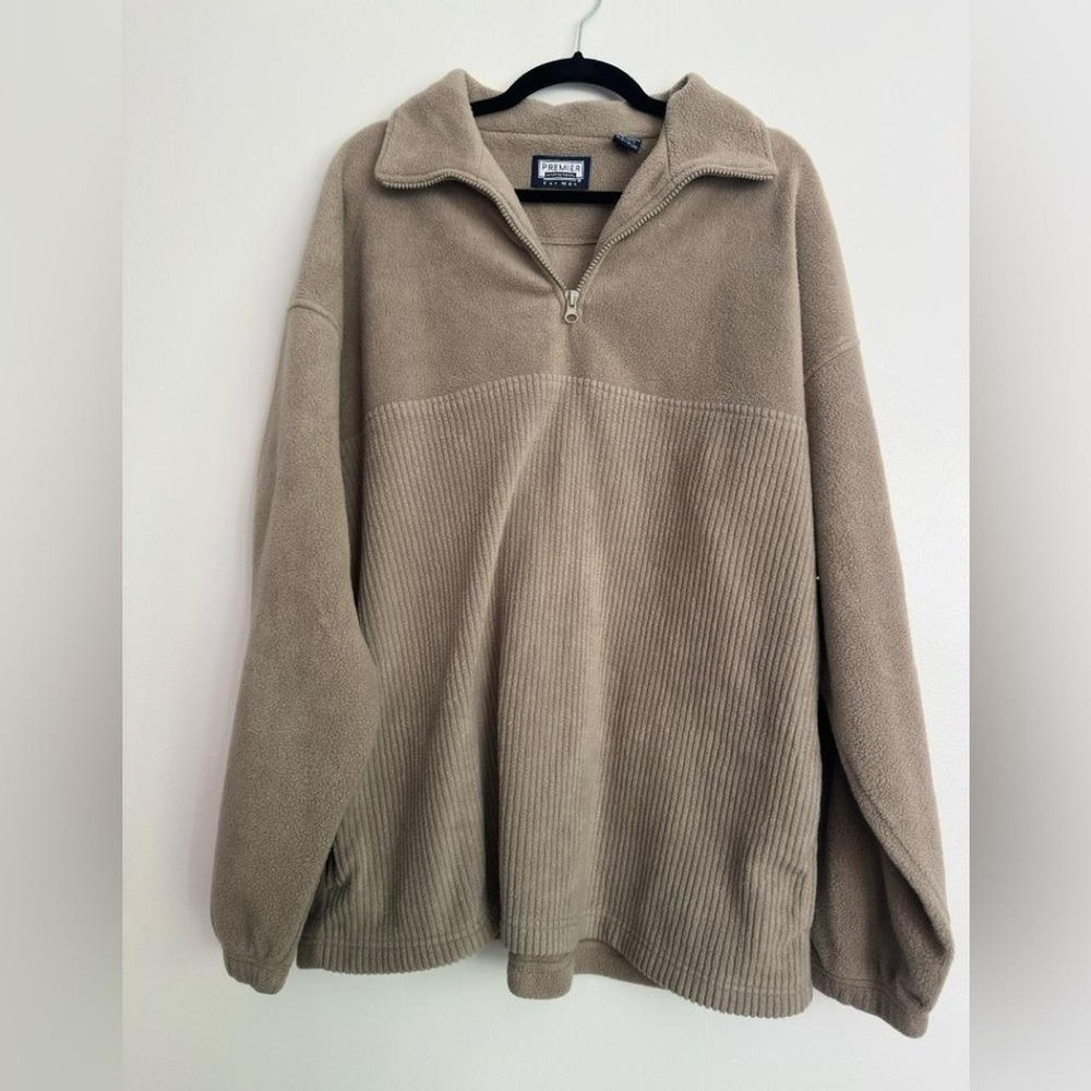 Premier International Mens XL Tan Quarter Zip Fleece Ribbed Pullover Sweater